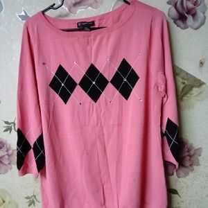 INC International Concepts Pink and Black Diamond Pattern Long Sleeve Top
